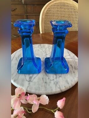 Pair of Antique Mosser Aqua Marine Glass Candelabra Style Candle Holders